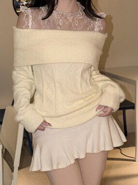Apricot & Tan Casual Women's Fuzzy Off The Shoulder Lace Trim Sweater